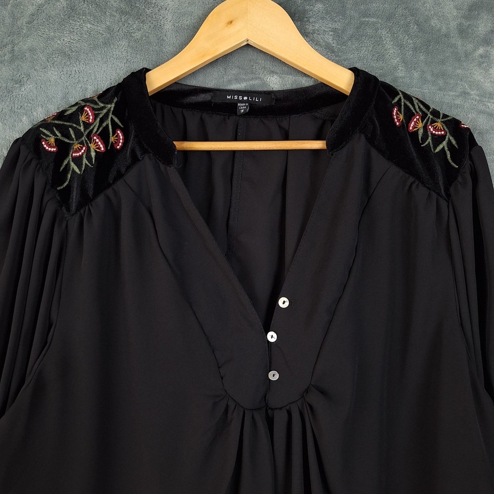 Womens Top 1X Black Velvet Floral Goth Fairy Grunge Whimsigoth Popover Tunic - Picture 3 of 9